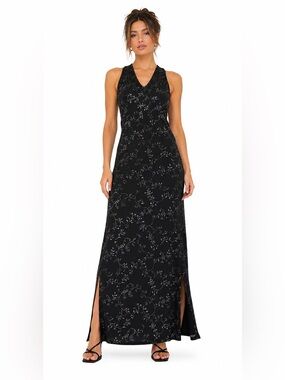 90s American Vintage Jalate Silver Glitter Floral Vine Print Maxi Dress (Black)S